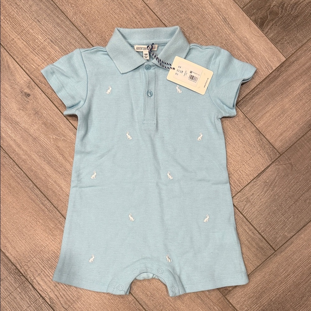 NWT - Sky Blue Bunny Polo  One Piece Romper